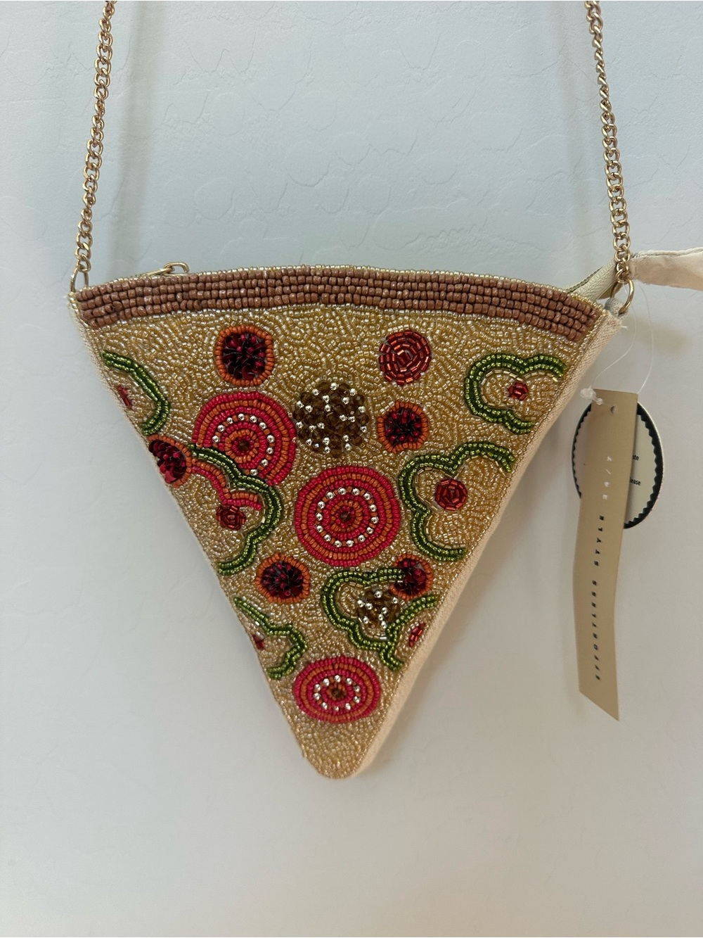 Beaded Triangle Pizza Slice Crossbody Bag in Tan, Green, and Red - Picture 4 of 7